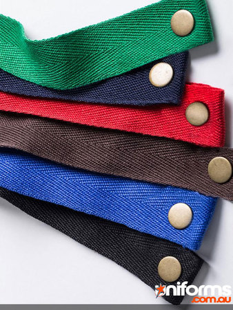 A collection of four vibrant apron straps in various colors, featuring Biz Collection Urban Bib Straps BA52 design.