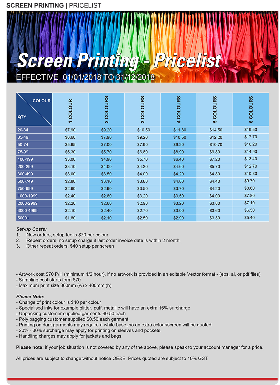 Uniforms 2018 Screen Printing Pricelist